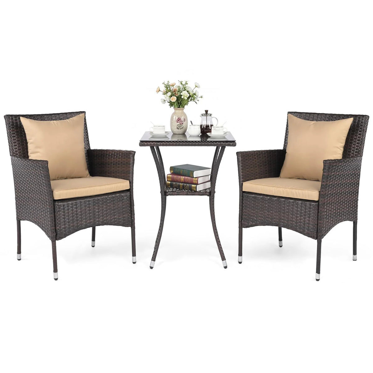 Tangkula 3 Pieces Patio Wicker Bistro Set - 2 Rattan Chairs w/ 2-Tier Tempered Glass Table - Product image 1