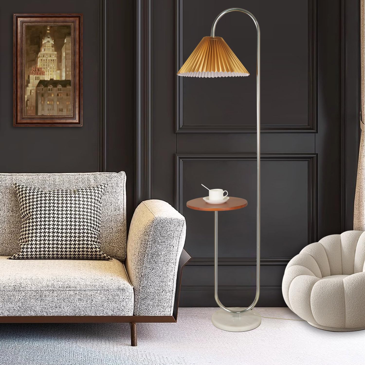 Modern Elegant with Tray Floor Lamp for Office Cafe Den Living Room Bedroom, Foot Switch and Brass/Gold Finish, Light Yellow Pleated Cloth Lampshade