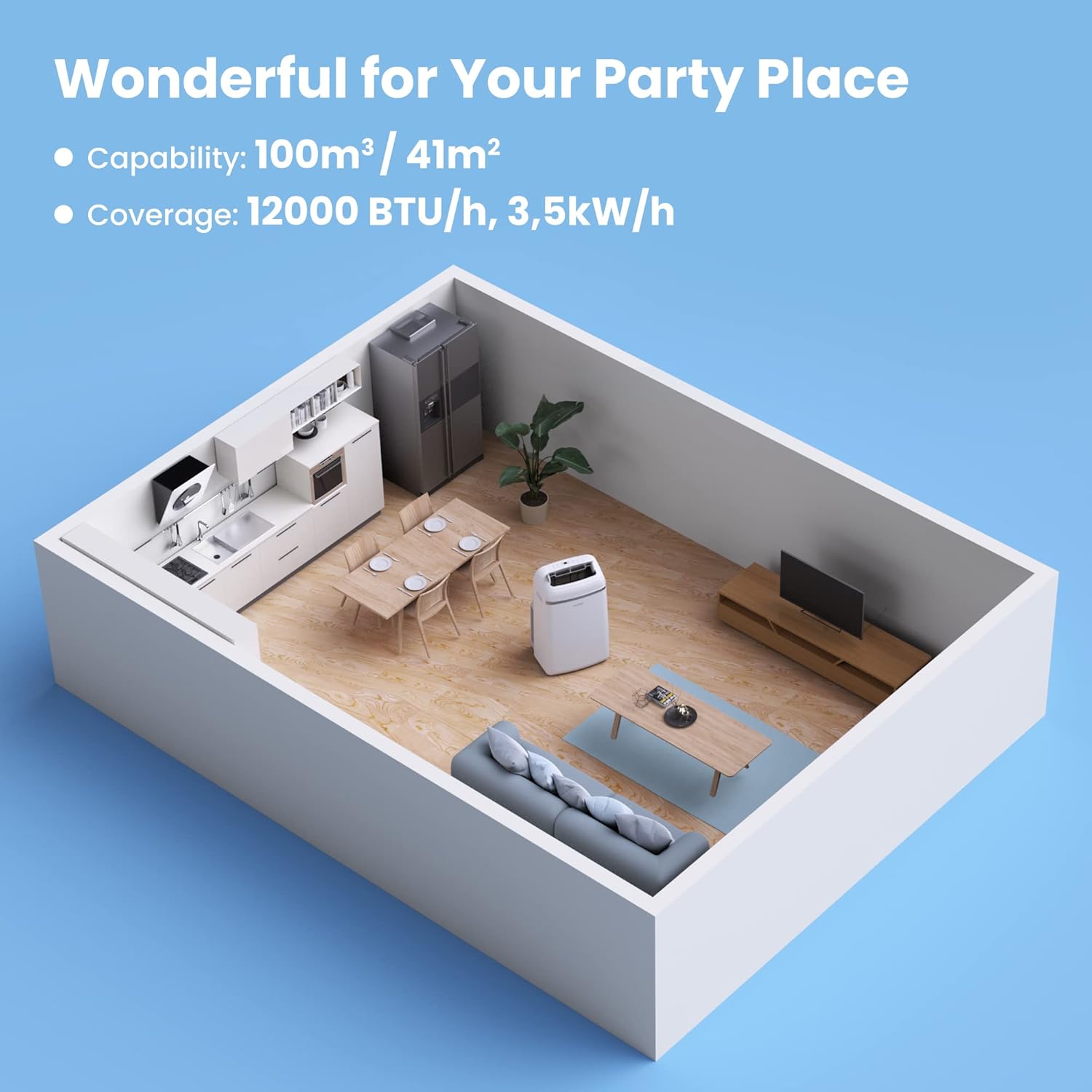 COMFEE' Mobile Air Conditioner 12000 BTU/H 3.5 kW, 3 Modes, Follow Me Function, Remote Control, for large rooms of 43㎡/117m³, Evacuation kit included, Natural refrigerant, PAC 12000