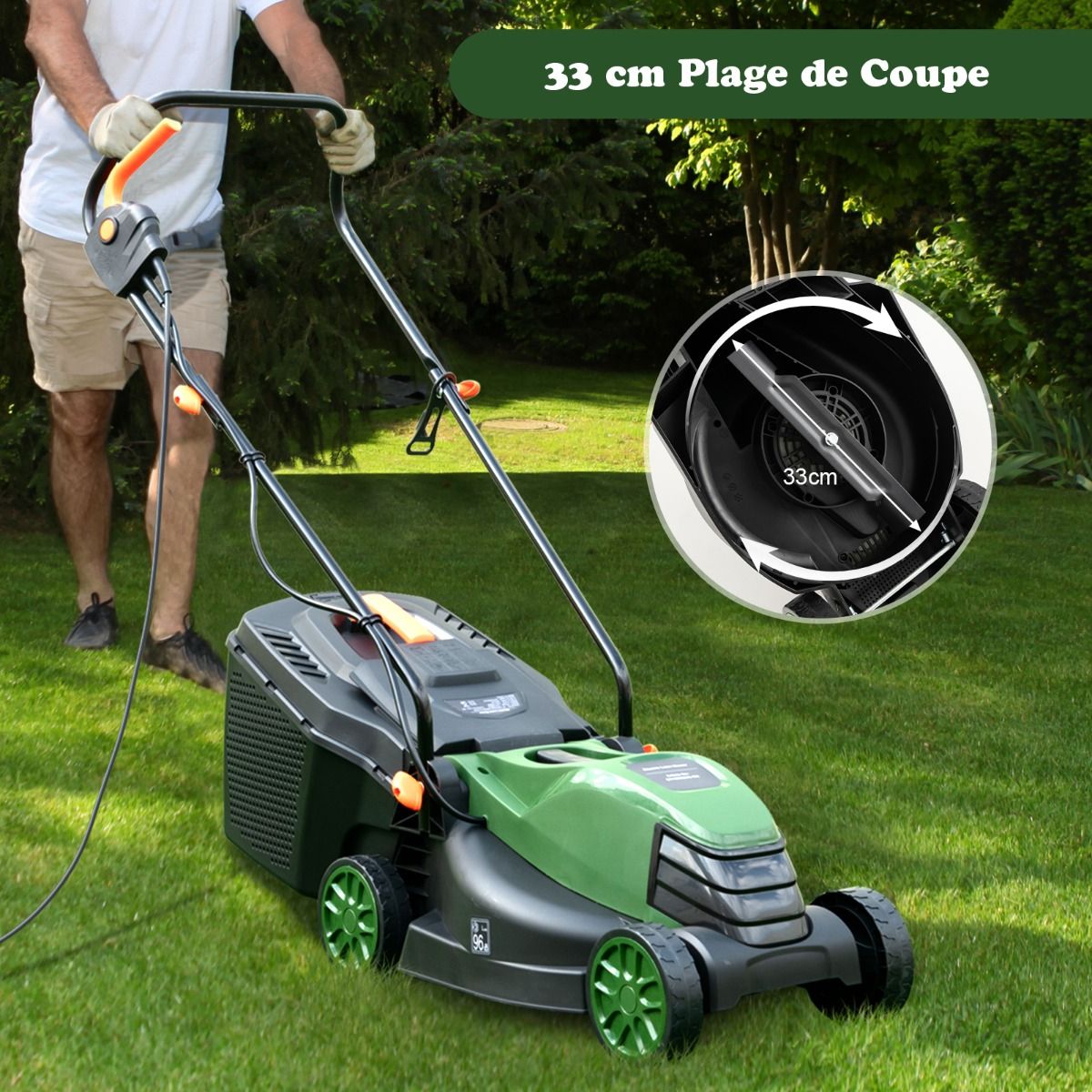 Corded Electric Lawn Mower 1500 W 4015 RPM Collection Box 35 L 3 Adjustable Height 25-65 MM Cutting Width 34 CM Green -