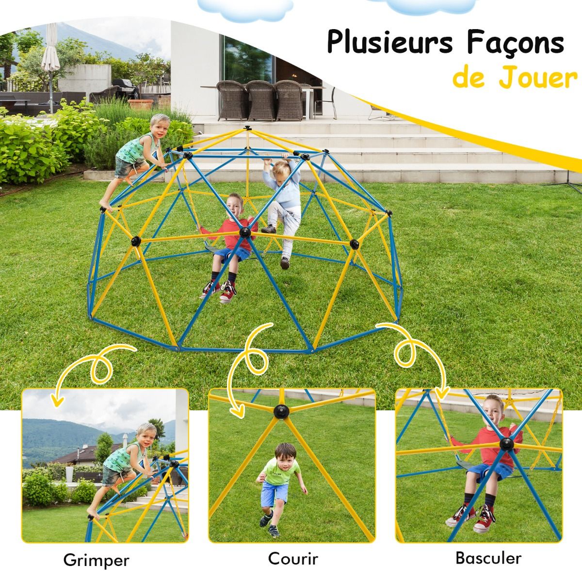 305cm Climbing Dome with Swing Metal Climbing Cage Max Load 363kg Indoor Outdoor for Children 3-10 Years Old Yellow/Red -