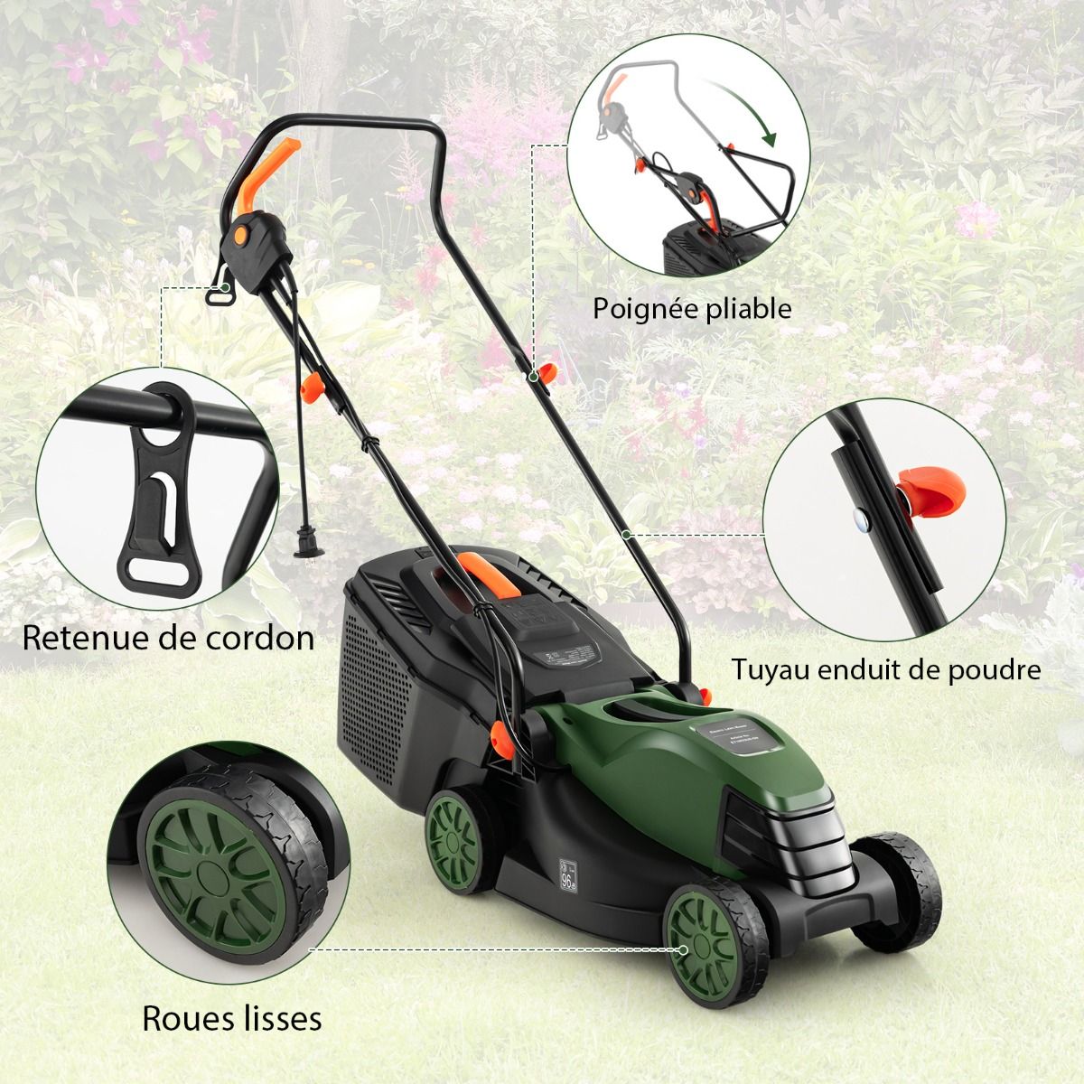 Corded Electric Lawn Mower 1500 W 4015 RPM Collection Box 35 L 3 Adjustable Height 25-65 MM Cutting Width 34 CM Green -