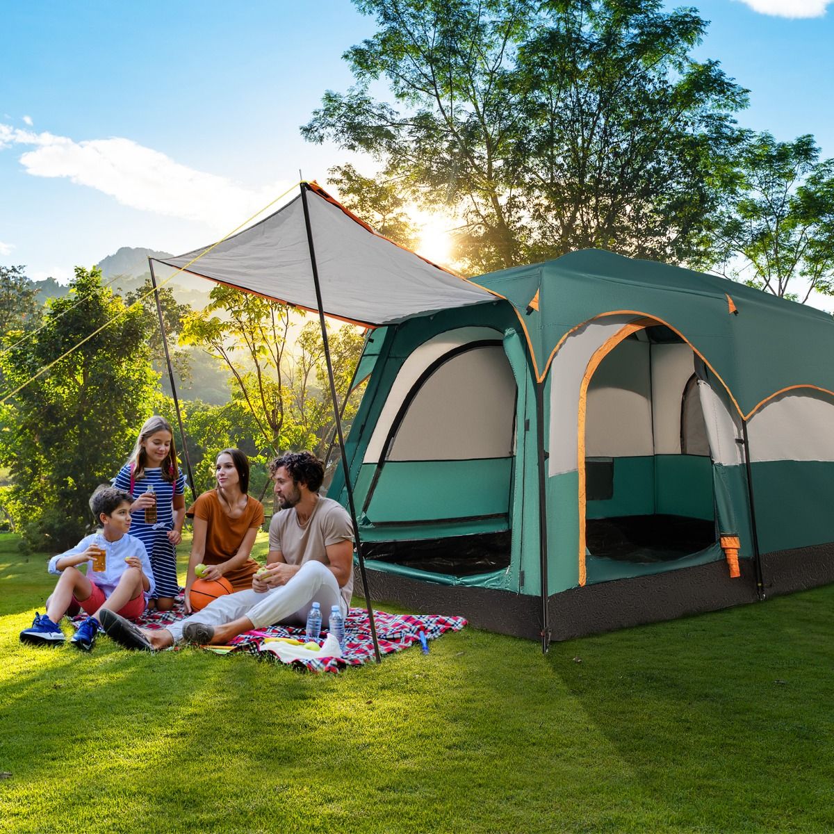 6 Person Camping Tent with 2 Rooms Double Bed Tent Double Roof PE Tarpaulin Waterproof Mesh Windows with Carry Bag Green -