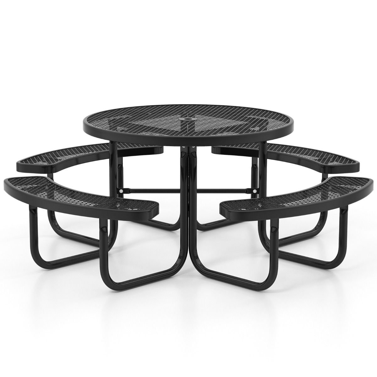 Round Picnic Table with 4 Integrated Benches for 8 People Metal Camping Table with Seats and Umbrella Hole 202x75cm Black -