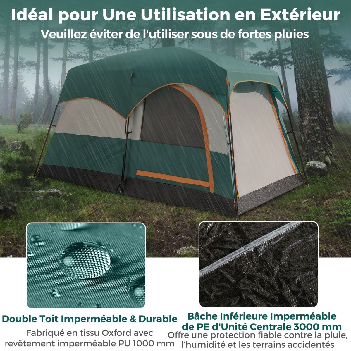6 Person Camping Tent with 2 Rooms Double Bed Tent Double Roof PE Tarpaulin Waterproof Mesh Windows with Carry Bag Green -