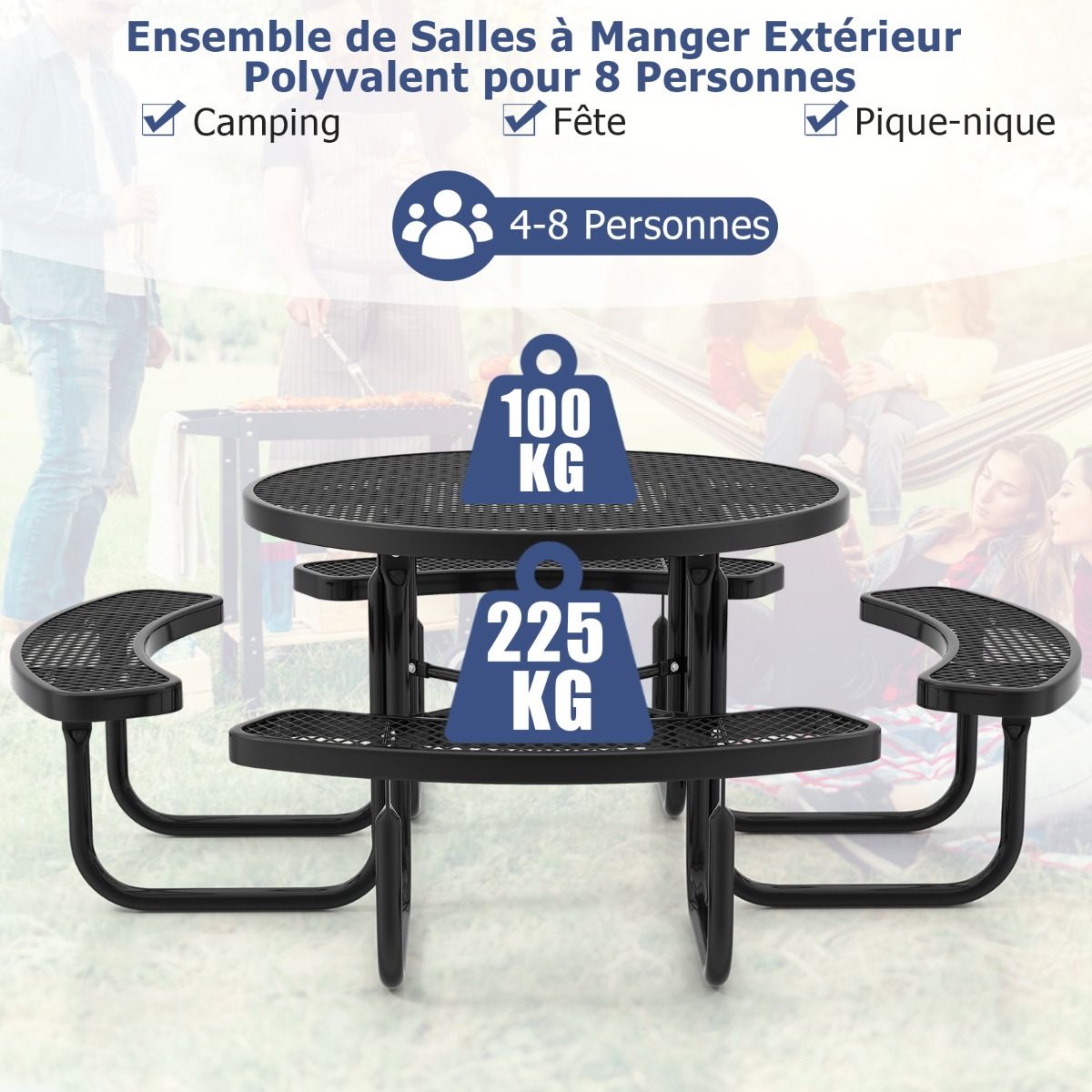 Round Picnic Table with 4 Integrated Benches for 8 People Metal Camping Table with Seats and Umbrella Hole 202x75cm Black -