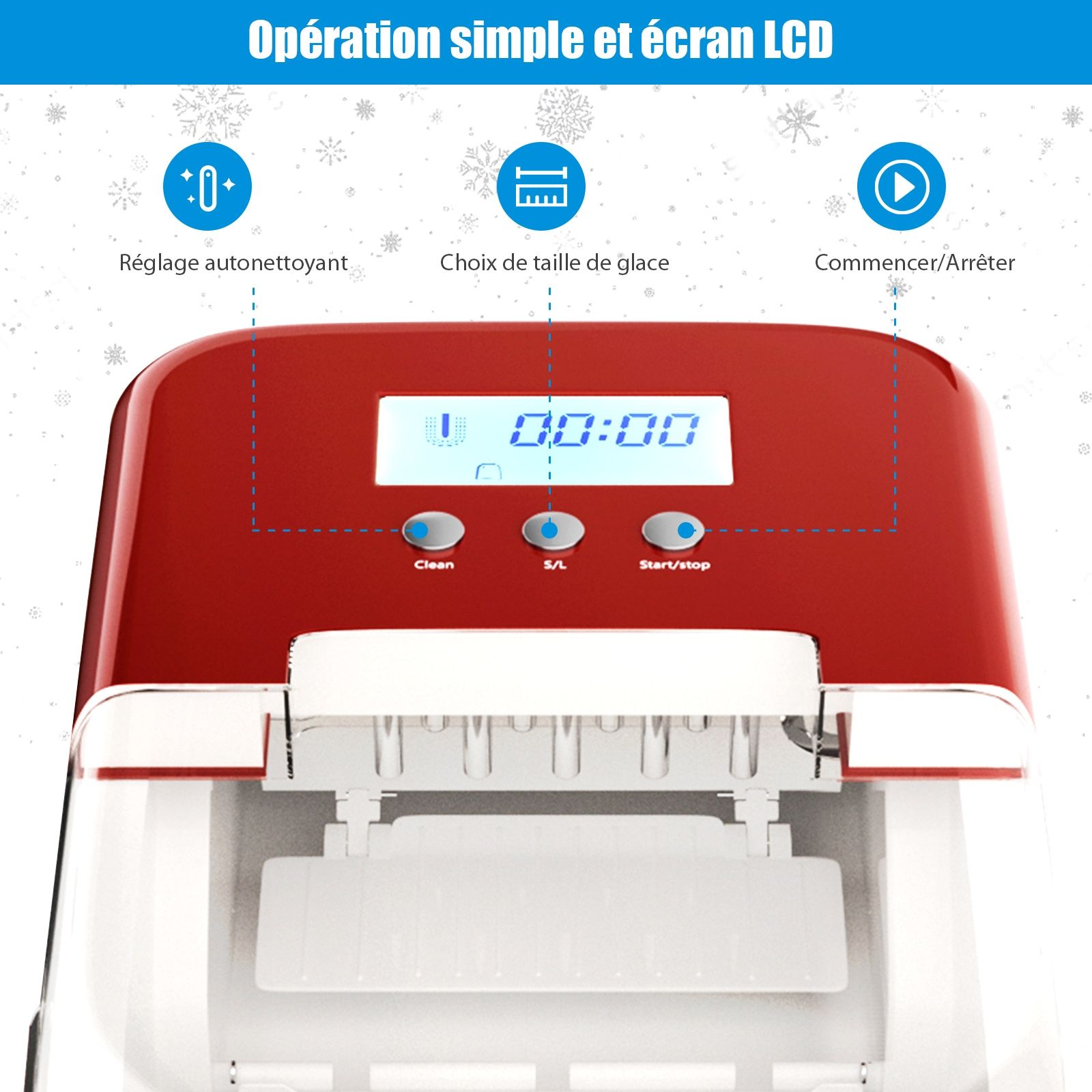 Ice Cube Machine 12KG/24H 2 Ice Cube Sizes 2.1L Tank 9pcs in 7 Minutes Shovel Removable Basket Countertop Home Red -