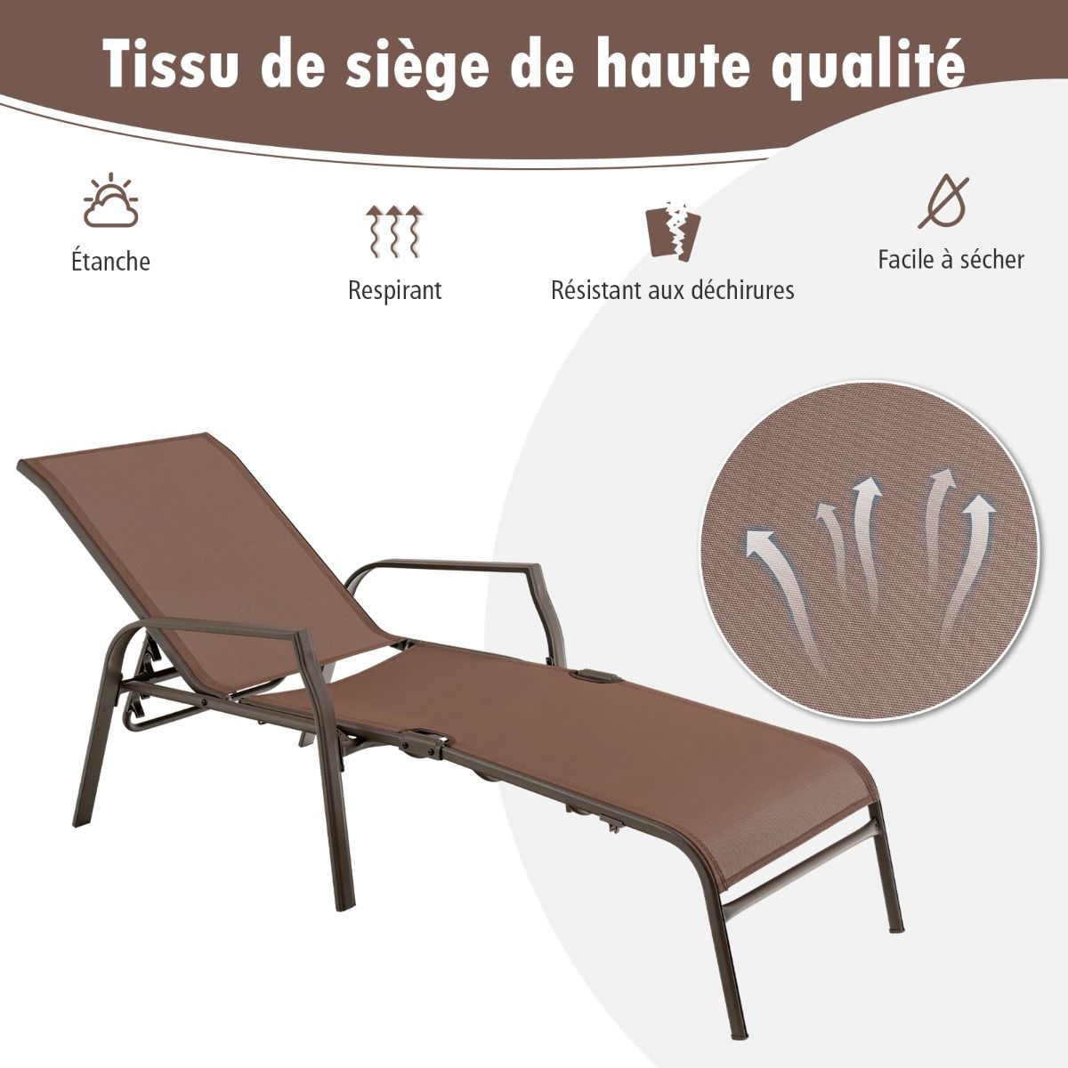 Set of 2 Deck Chairs with Adjustable Backrest Breathable Fabric Robust Steel Structure Max Load 150KG -