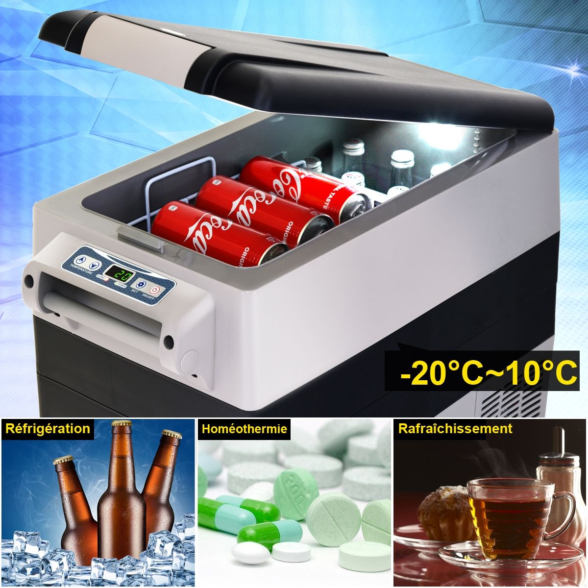 52l Car Fridge -20+10Mini Portable Fridge Lcd Screen Adapter 69x34.5x52.5cm Black+Grey -