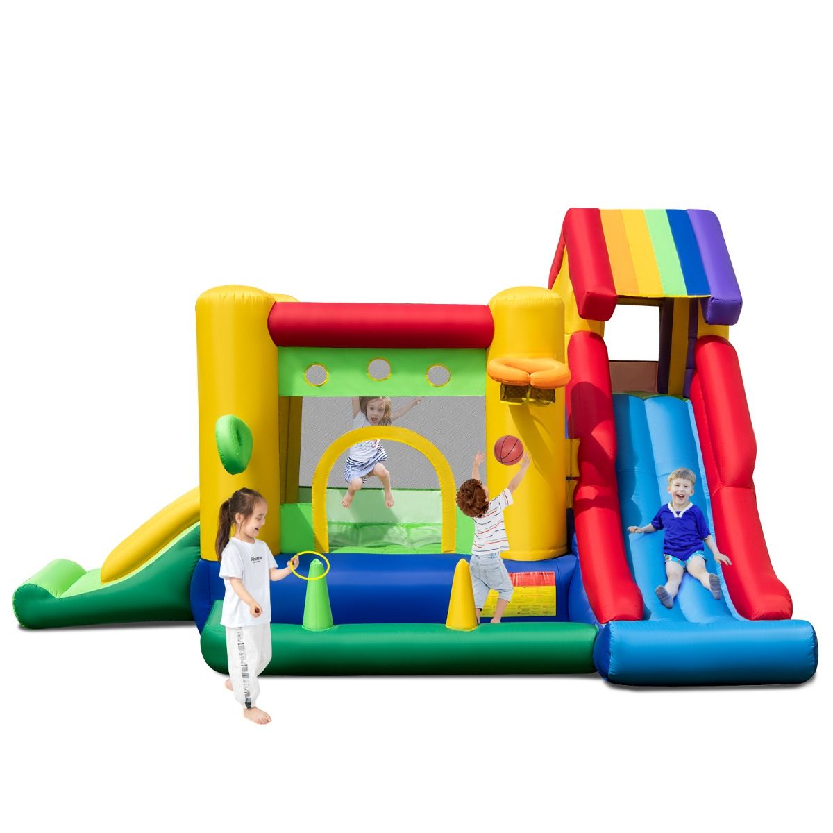 7 in 1 Rainbow Themed Inflatable Castle with Fan Double Slides Ball Pool Basketball Hoop Load 90kg -