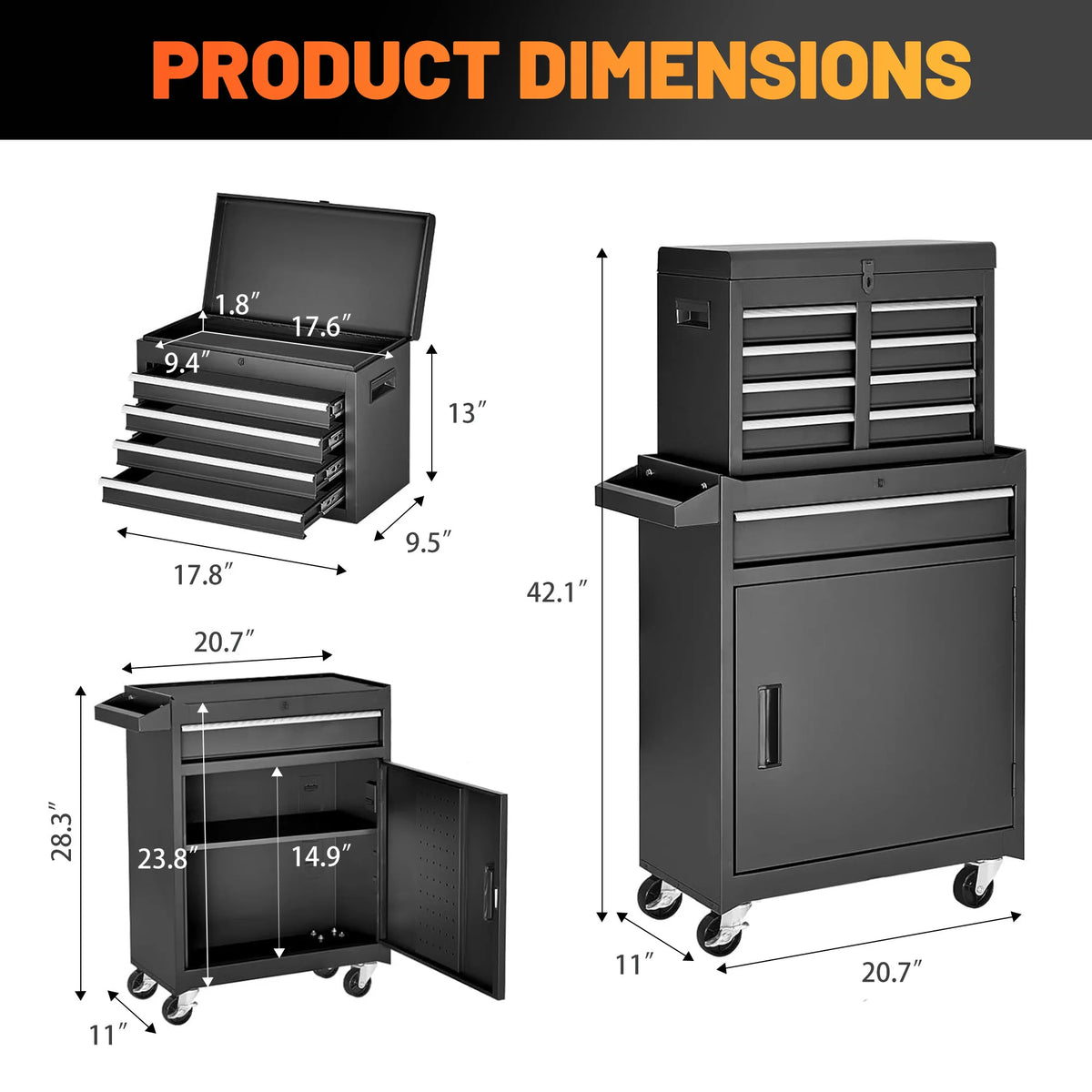 AECOJOY 5-Drawer Rolling Tool Chest Storage Cabinet with Detachable Top Tool Box - Product image 3
