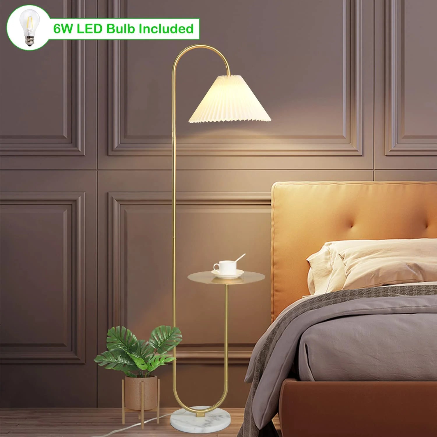 Modern Elegant with Tray Floor Lamp for Office Cafe Den Living Room Bedroom, Foot Switch and Brass/Gold Finish, Light Yellow Pleated Cloth Lampshade