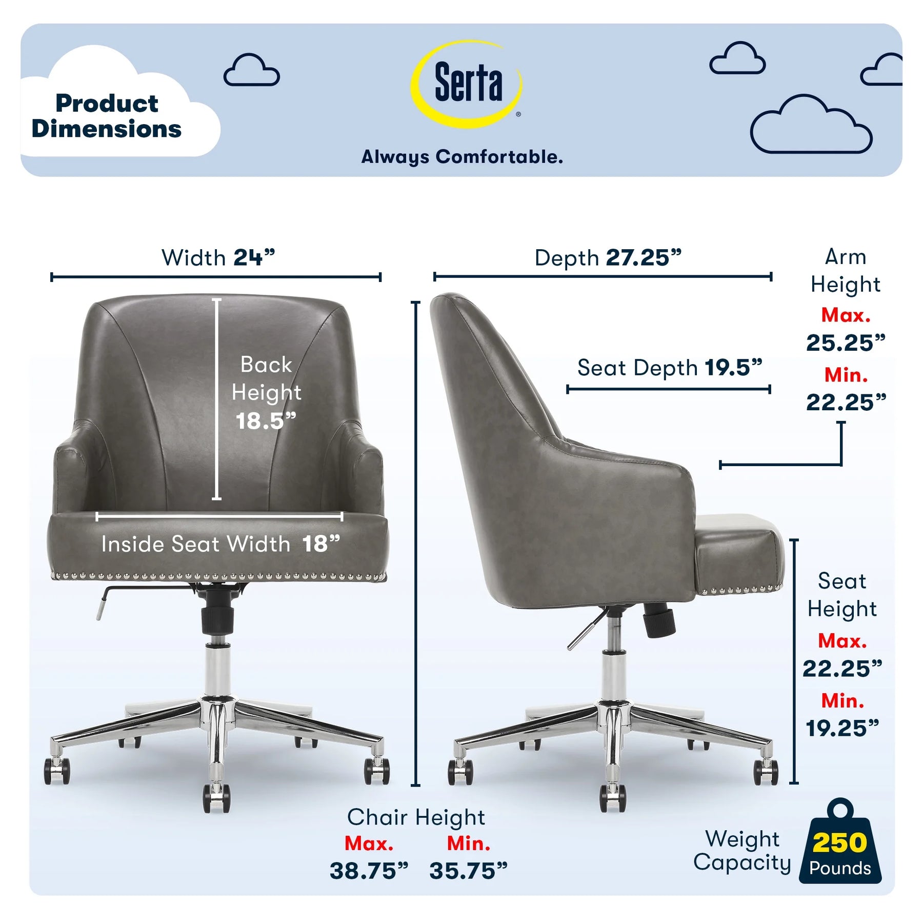 Serta Leighton Home Office Desk Chair Chrome Nailheads Twill Fabric Lilac Purple - Product image 39