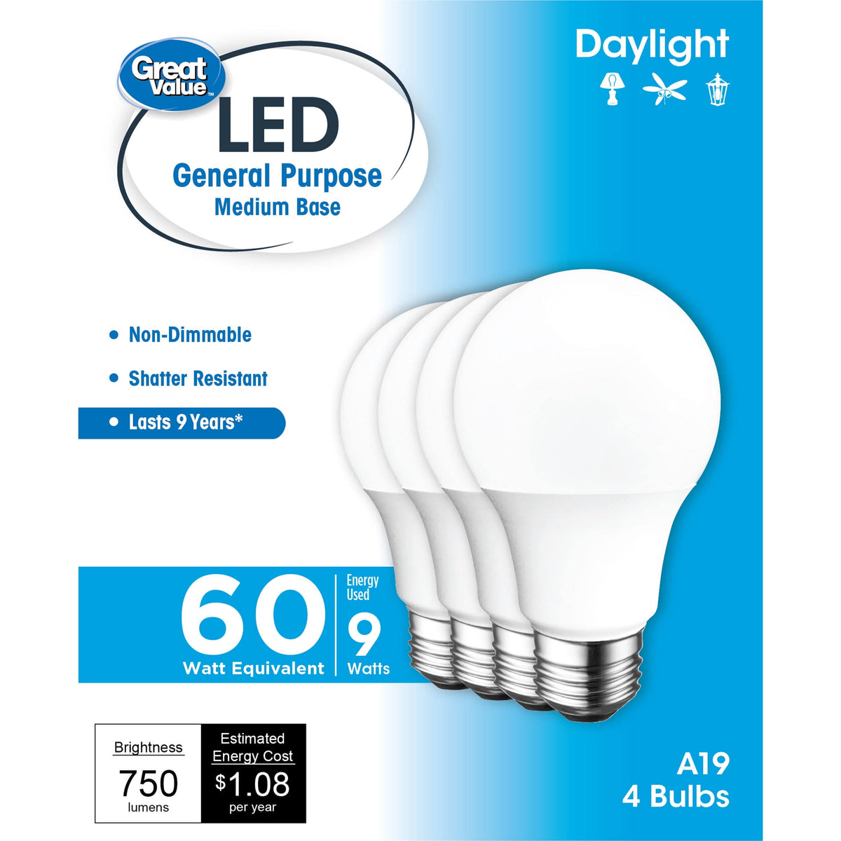 Great Value LED Light Bulb, 9W (60W Equivalent) A19 General Purpose Lamp E26 Medium Base, Non-Dimmable - Product image 1