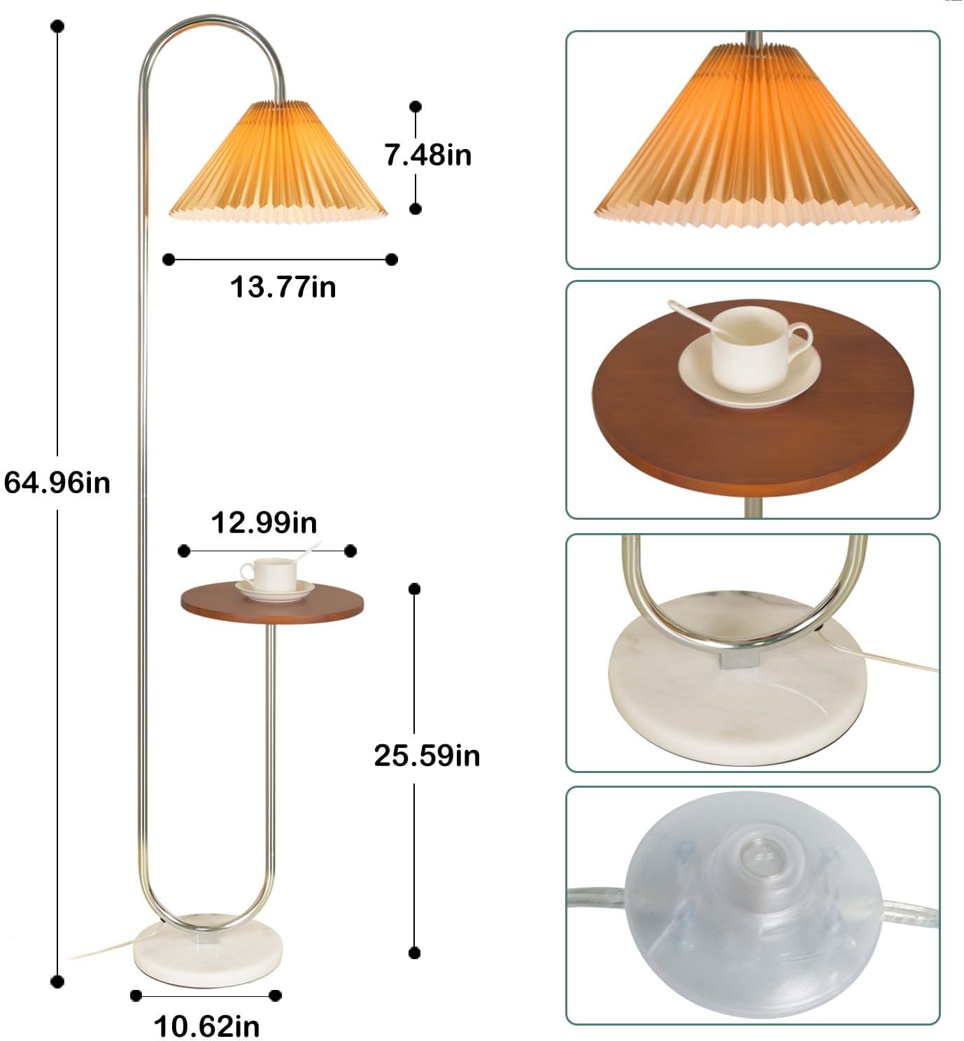 Modern Elegant with Tray Floor Lamp for Office Cafe Den Living Room Bedroom, Foot Switch and Brass/Gold Finish, Light Yellow Pleated Cloth Lampshade