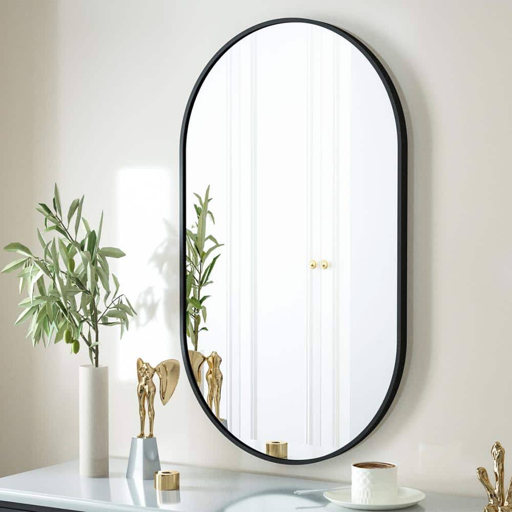 XRAMFY 20 in. W x 36 in. H Oval Black Classic Aluminum Alloy Framed Wall Mirror - Product image 1