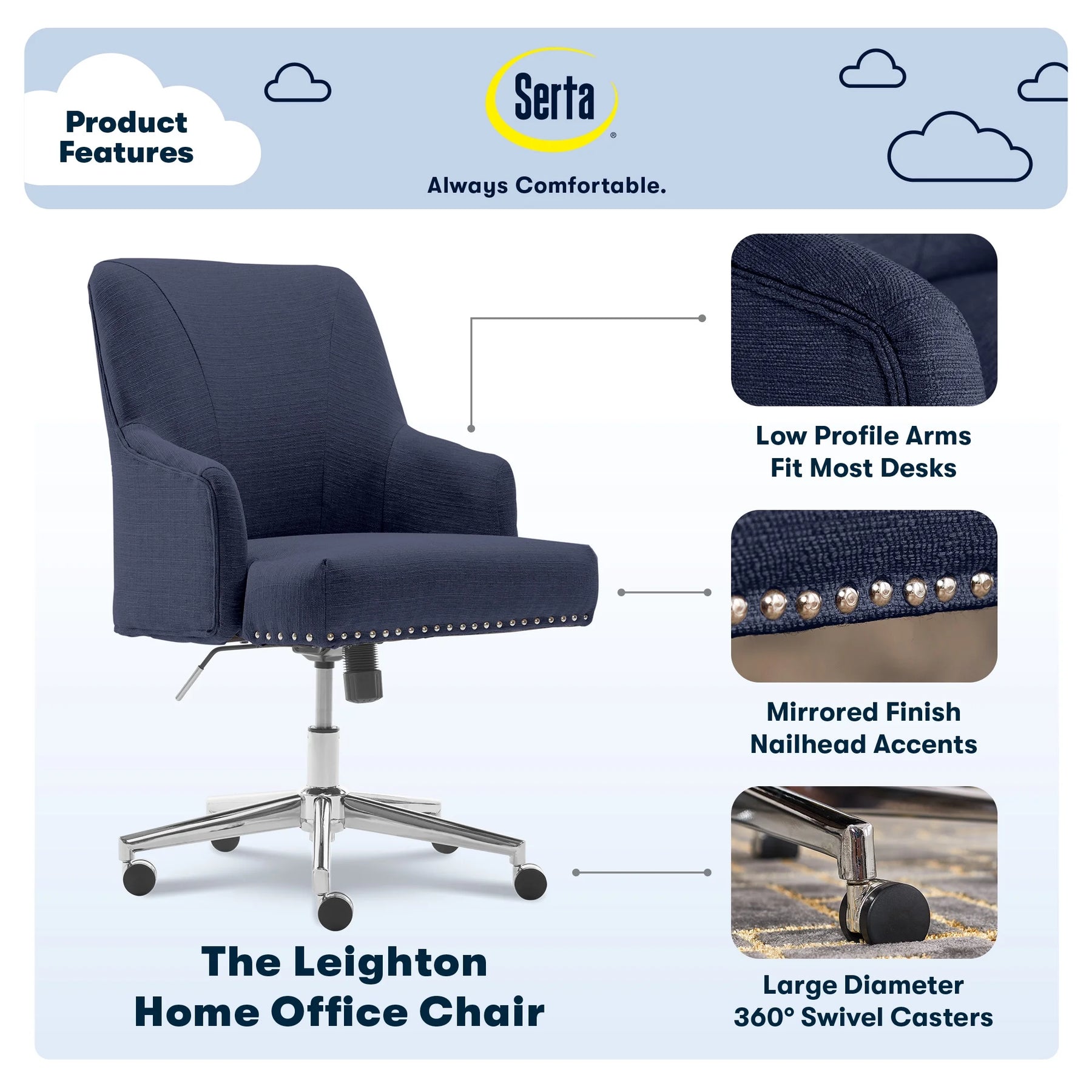 Serta Leighton Home Office Desk Chair Chrome Nailheads Twill Fabric Lilac Purple - Product image 30