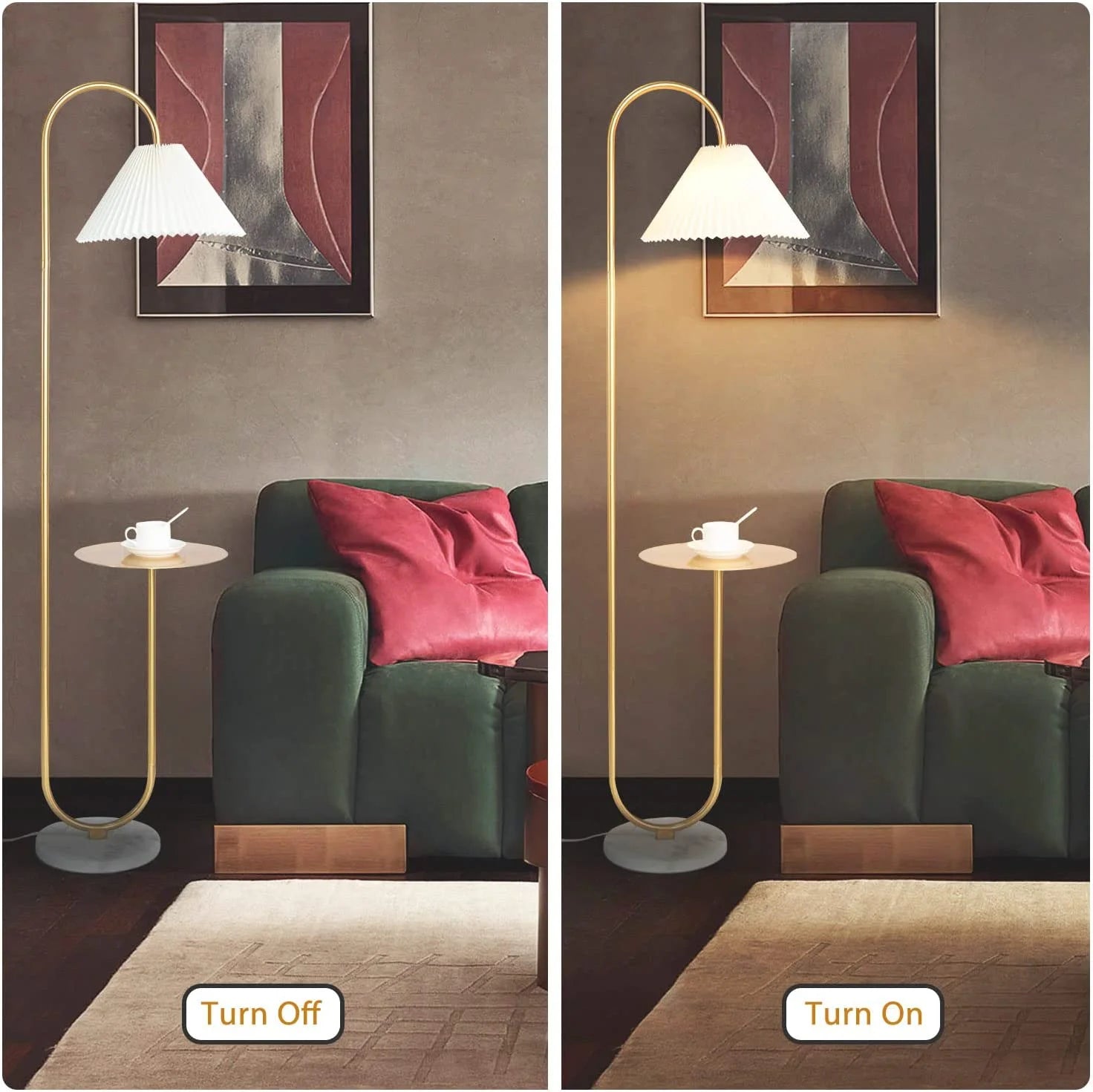Modern Elegant with Tray Floor Lamp for Office Cafe Den Living Room Bedroom, Foot Switch and Brass/Gold Finish, Light Yellow Pleated Cloth Lampshade
