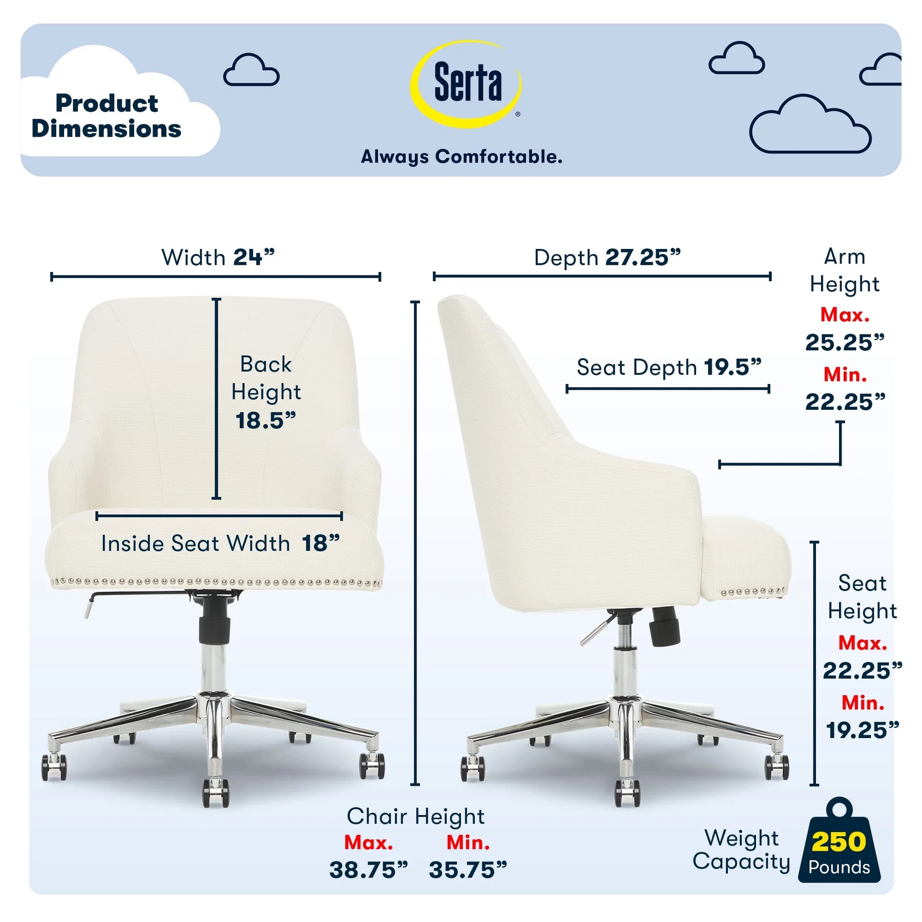 Serta Leighton Home Office Desk Chair Chrome Nailheads Twill Fabric Lilac Purple - Product image 55