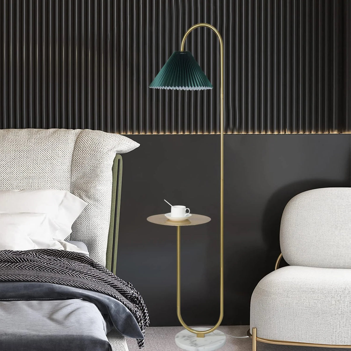 Modern Elegant with Tray Floor Lamp for Office Cafe Den Living Room Bedroom, Foot Switch and Brass/Gold Finish, Light Yellow Pleated Cloth Lampshade