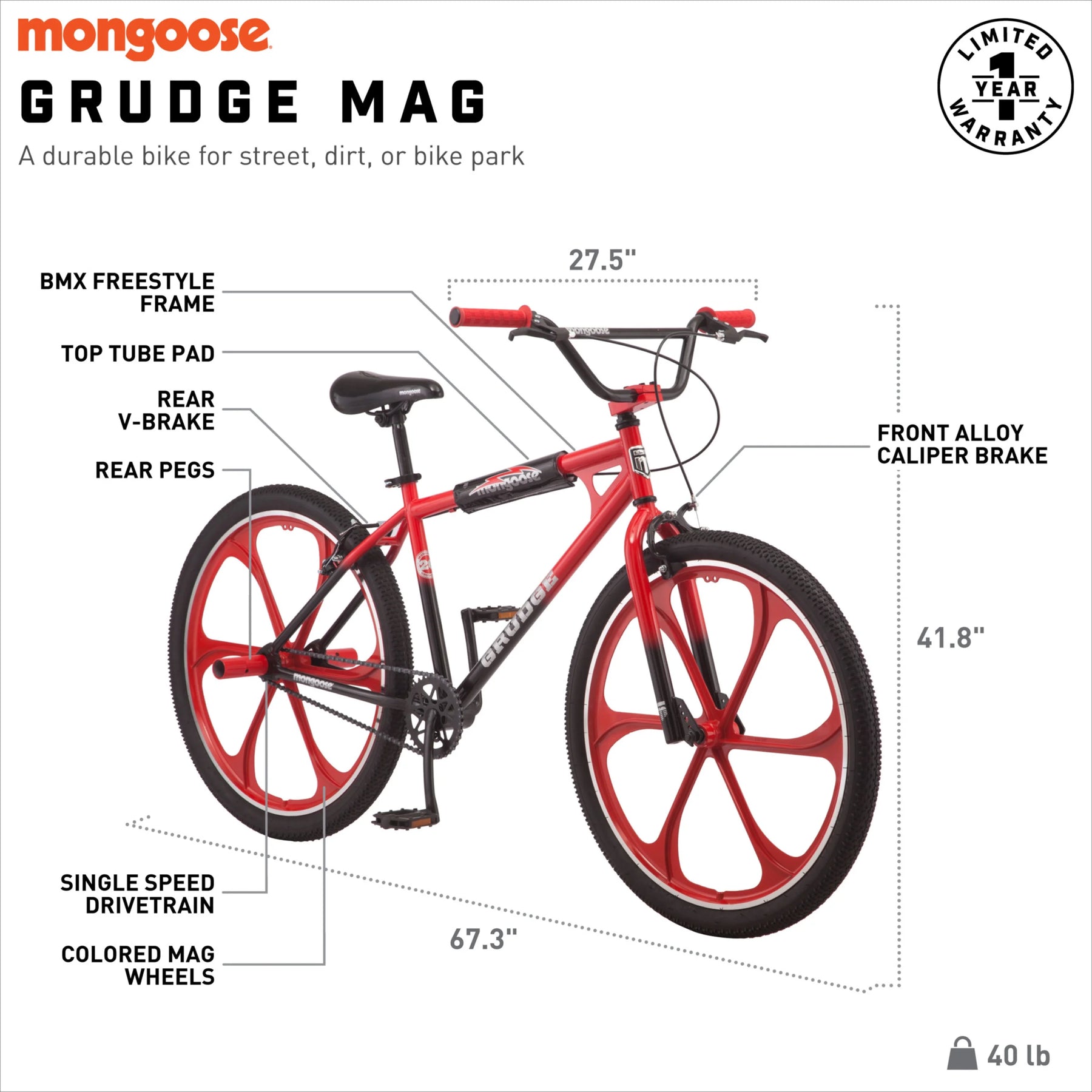 26 In. Grudge Mag BMX Freestyle Bike, Single Speed, Red / Black - Product image 7