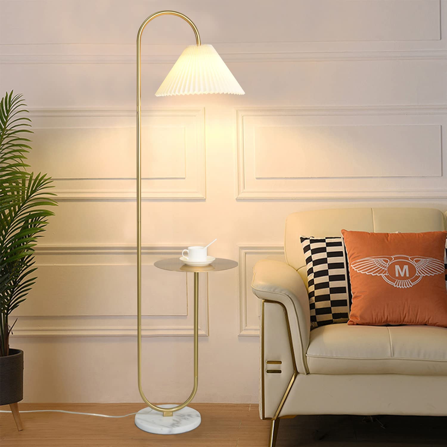 Modern Elegant with Tray Floor Lamp for Office Cafe Den Living Room Bedroom, Foot Switch and Brass/Gold Finish, Light Yellow Pleated Cloth Lampshade