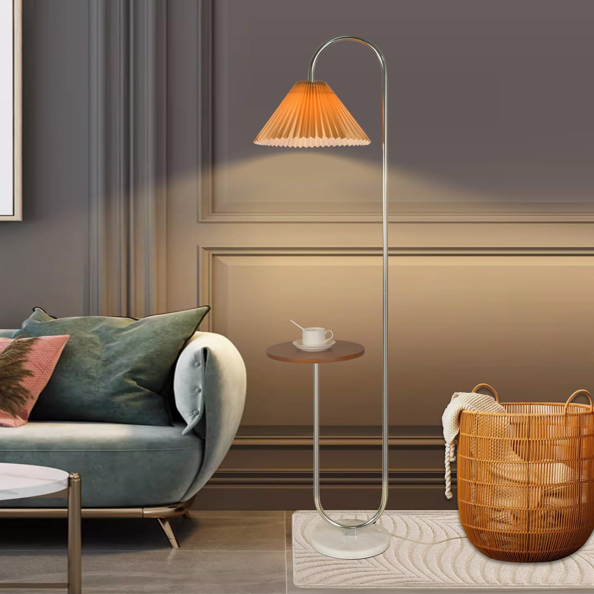 Modern Elegant with Tray Floor Lamp for Office Cafe Den Living Room Bedroom, Foot Switch and Brass/Gold Finish, Light Yellow Pleated Cloth Lampshade